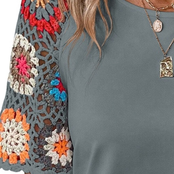 Crochet Patchwork Colorful Granny Square Open Knit Top Short Sleeve Boho Shirt - Picture 4 of 11